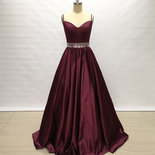 Spaghetti Straps Burgundy Satin Long Prom Dress Beaded Belt Etsy
