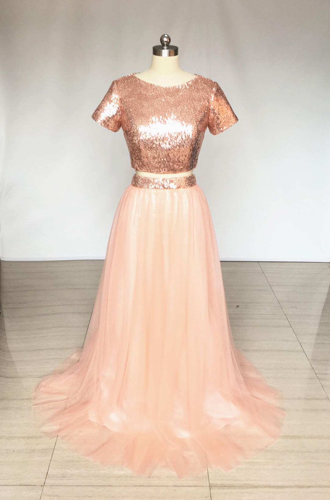 Two Piece Rose Gold Sequin Tulle Long Bridesmaid Dress With Short ...