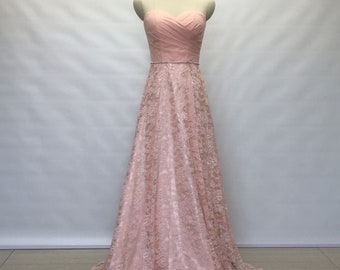 Sweetheart Pearl Pink Chiffon Lace Long Bridesmaid Dress with Beaded Waistline