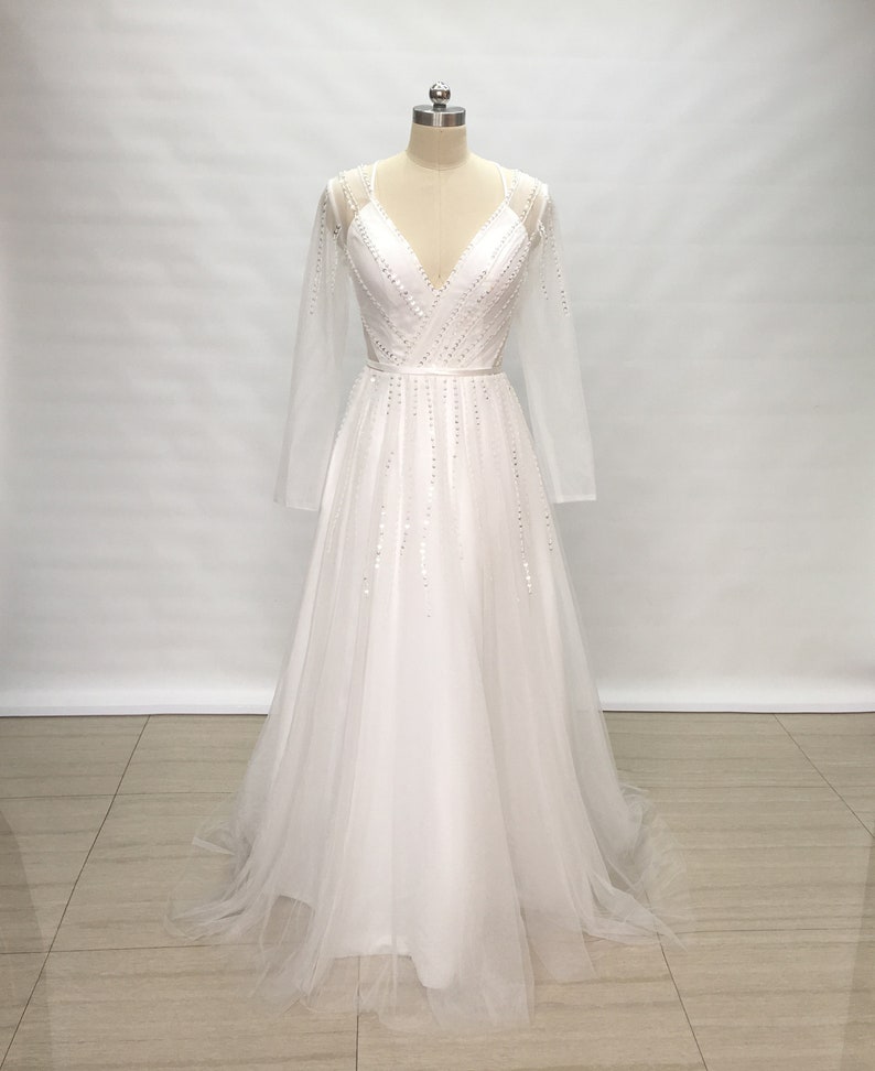 Custom Beaded V Neck Ivory Tulle Long Wedding Dress With Long Etsy