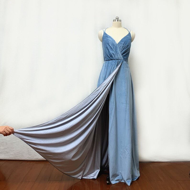 Dusty Blue Velvet Long Bridesmaid Dress With Slit Etsy