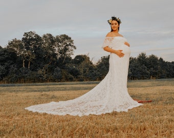 Strapless Ivory Lace Long Maternity Wedding Dress Boho with Long Train