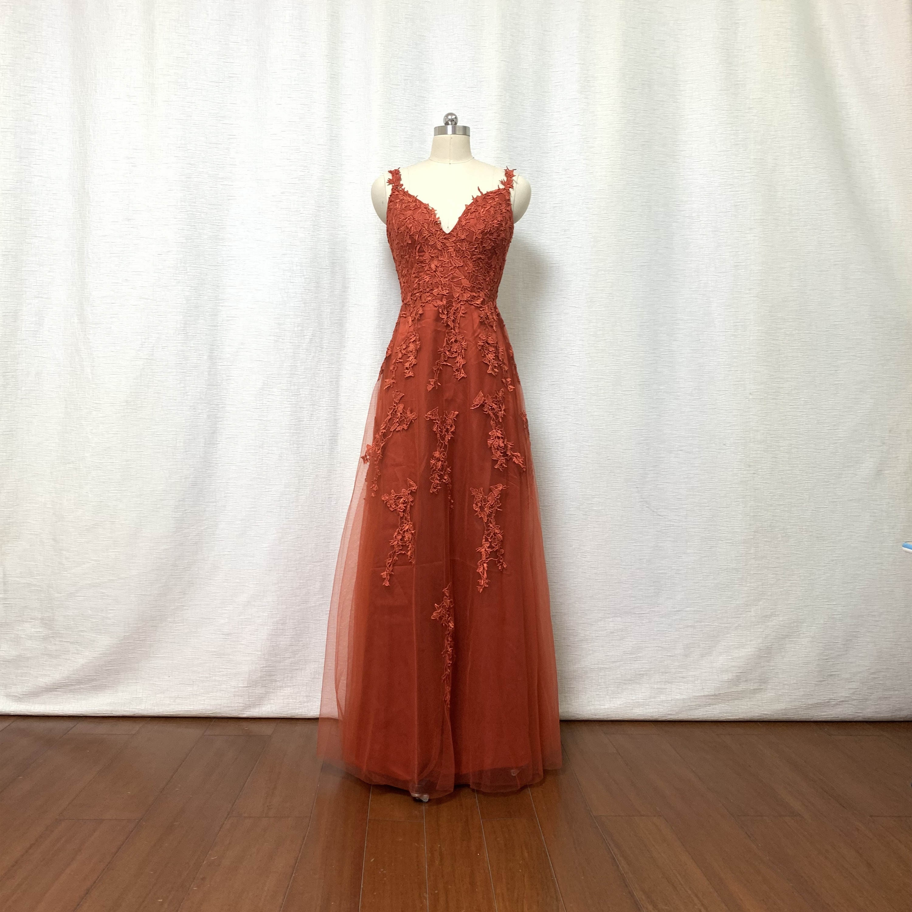 Burnt Orange Evening Dresses Lacey Neckline Open Back Ruched Bust Plus Size