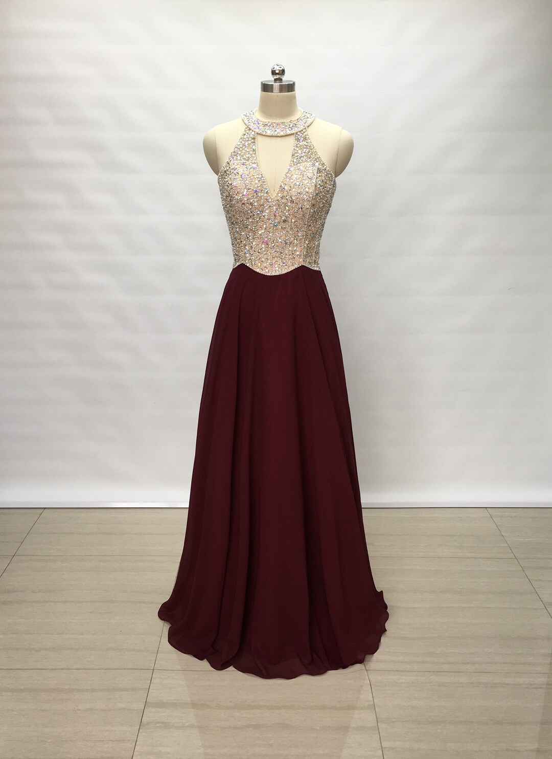 Illusion Neck Lace Top Long Chiffon Dresses Burgundy main image 1