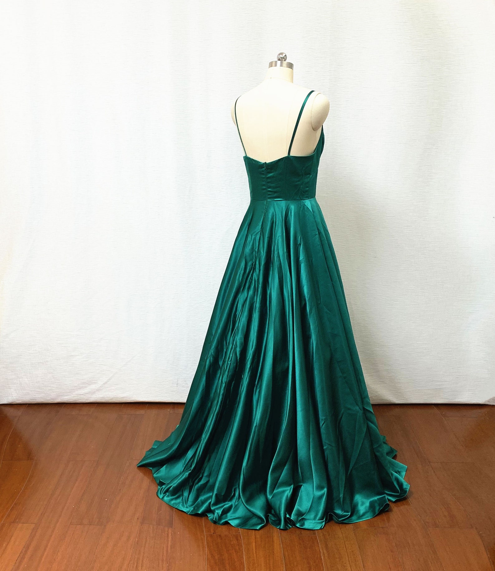 Spaghetti Straps Emerald Green Satin Long Prom Dress Ball Gown Etsy UK