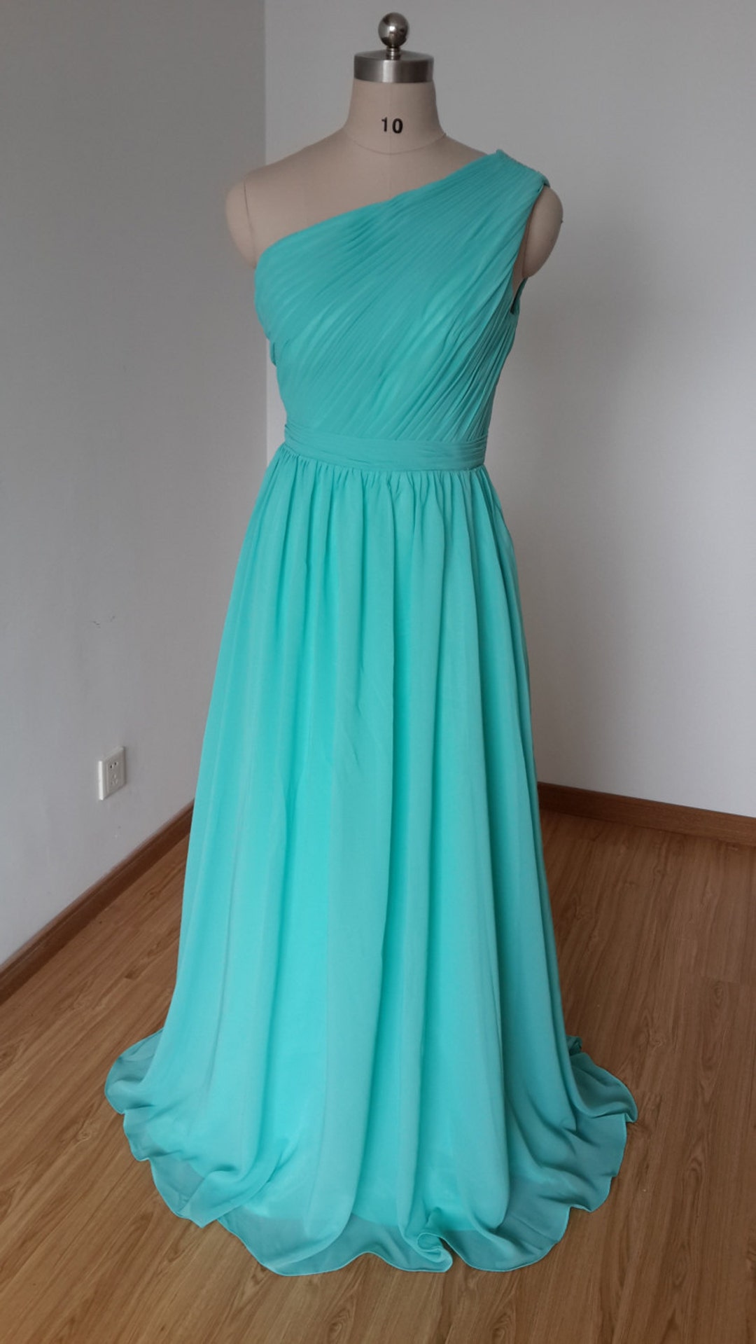 One Shoulder A-Line Chiffon Long Bridesmaid Dress - Turquoise
