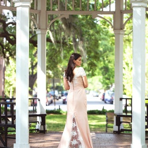 Custom Mermaid Ivory Lace Pearl Pink Satin Long Wedding Dress with Back Buttons image 3