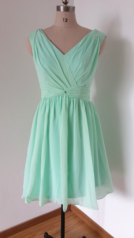 V-Neck V-Back Mint Chiffon Short Bridesmaid Dress | Etsy