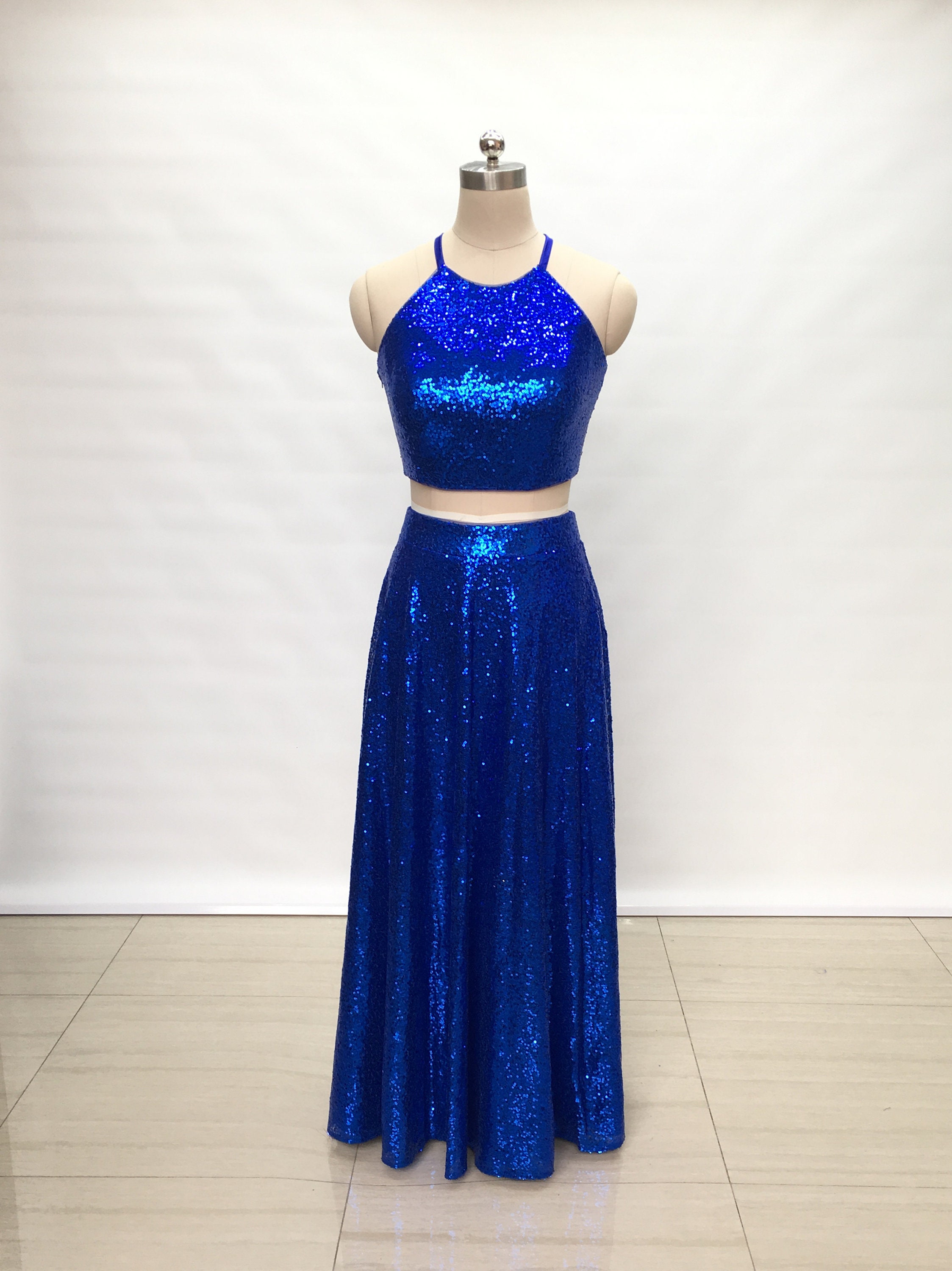 Two Piece Blue Sequin Long Dress - Etsy