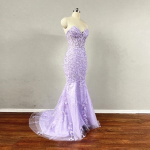 Pretty Lilac Tulle Sequins Mermaid Prom Dress,Slit Long Party Evening Dress cc2979