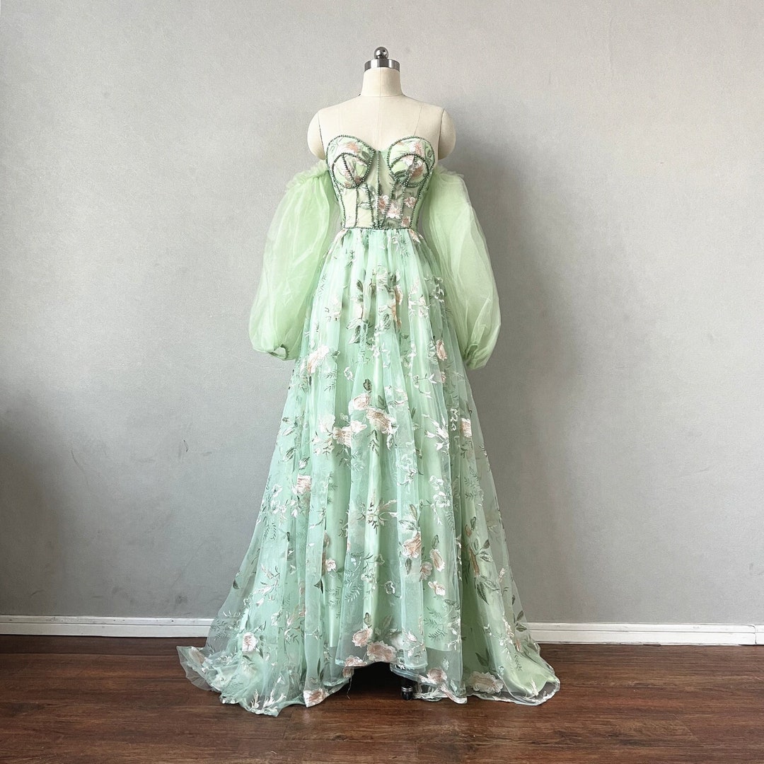 Sage Green Prom Dress 2023 Corset Back With Long Sleeves Etsy
