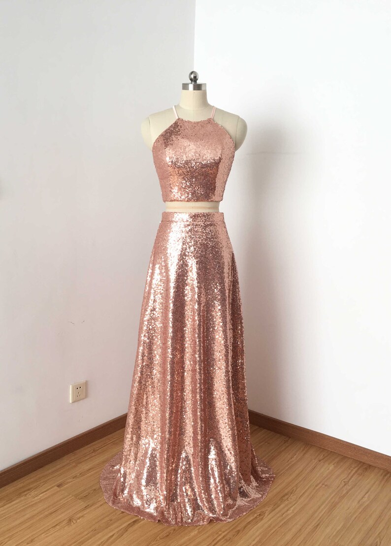 Two Piece Rose Gold Sequin Long Prom Dress image 1