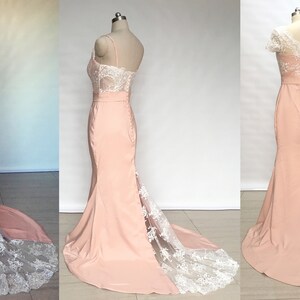 Custom Mermaid Ivory Lace Pearl Pink Satin Long Wedding Dress with Back Buttons image 2