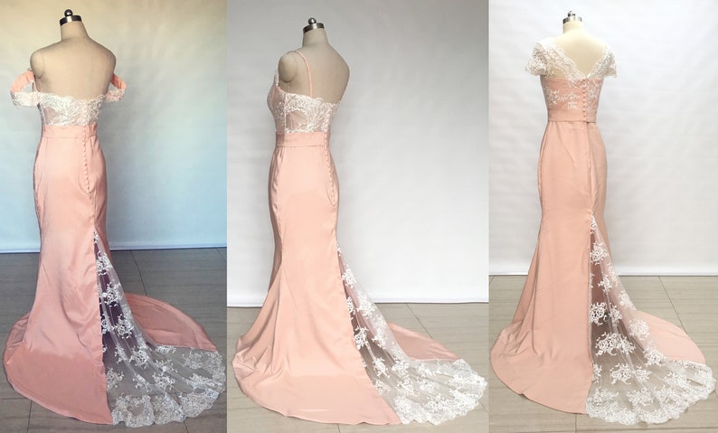 Custom Mermaid Ivory Lace Pearl Pink Satin Long Wedding Dress with Back Buttons image 2