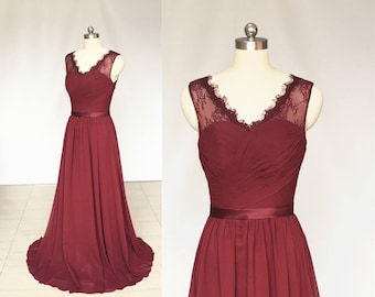 V-Neck Burgundy Lace Chiffon Long Bridesmaid Dress
