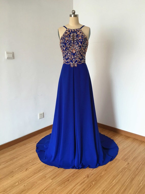 Backless royal blue chiffon long evening prom dress sale