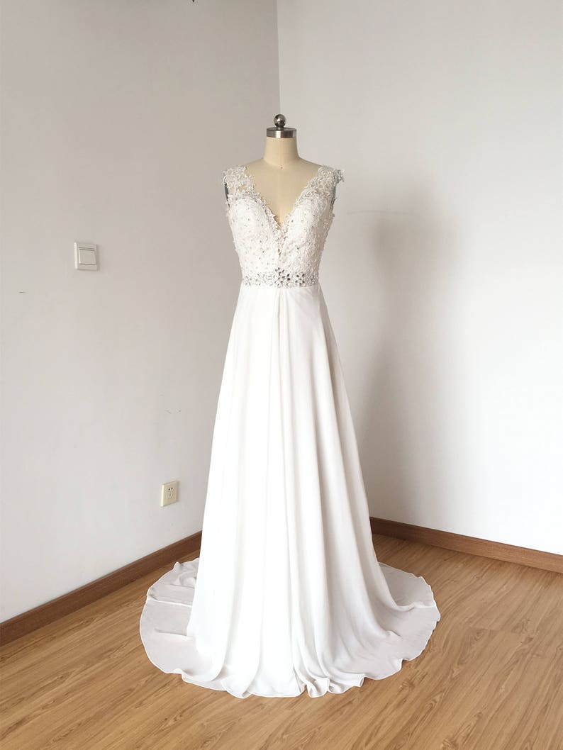 V-Neck Ivory Lace Chiffon Long Wedding Dress image 1