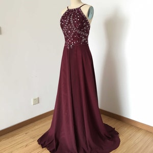 Backless Spaghetti Straps Burgundy Chiffon Long Prom Dress