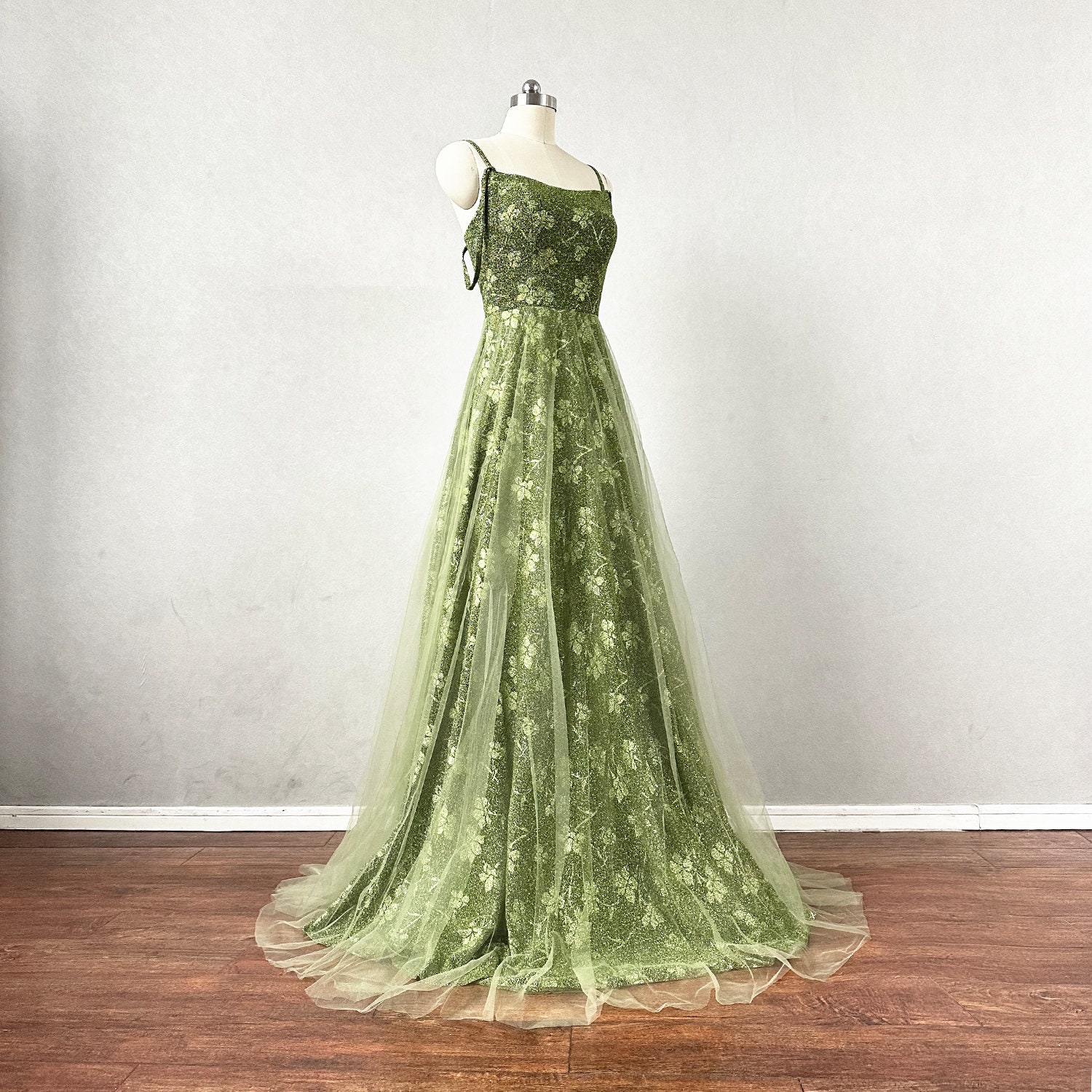 Moss Green Floral Prom Dress Corset Back Tulle Overlay Skirt - Etsy