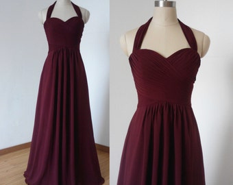 Halter Sweetheart Burgundy Chiffon Long Bridesmaid Dress