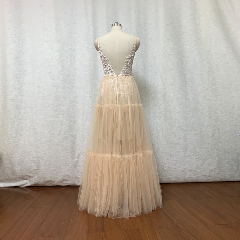 Boho Prom Dress 2021 Champagne Tulle Lace Wedding Dress | Etsy