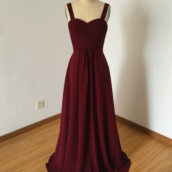 Double Straps Chiffon Dress with Sweetheart Neck Burgundy