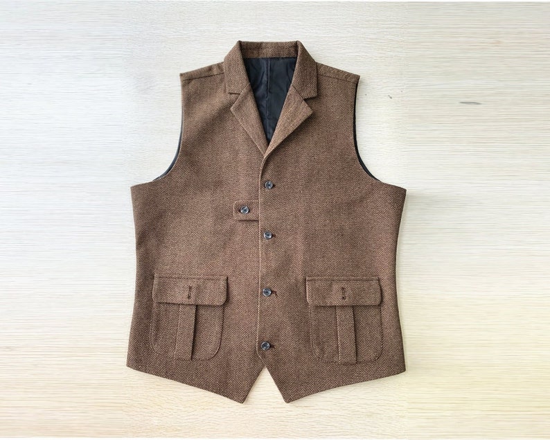 Wedding Vest for Groomsmen Brown Herringbone Waistcoat with 2 Pockets image 1