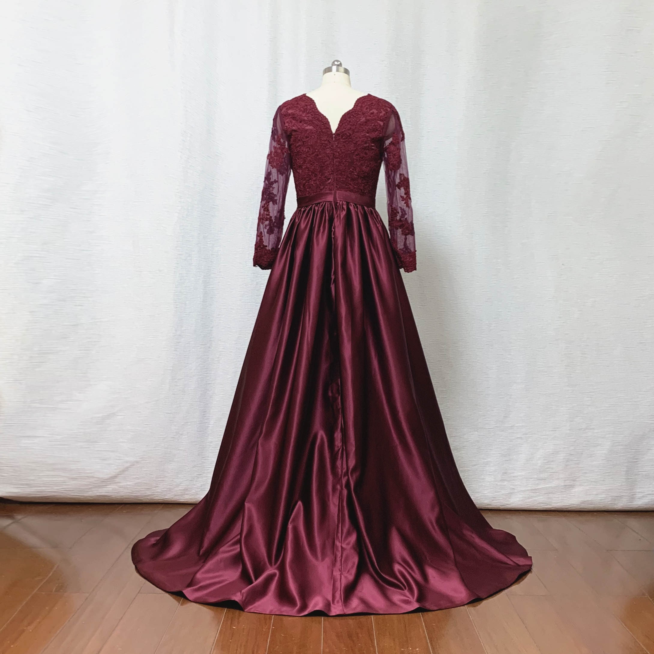 Long Sleeves Prom Dress 2020 Burgundy Lace Satin Long Evening - Etsy