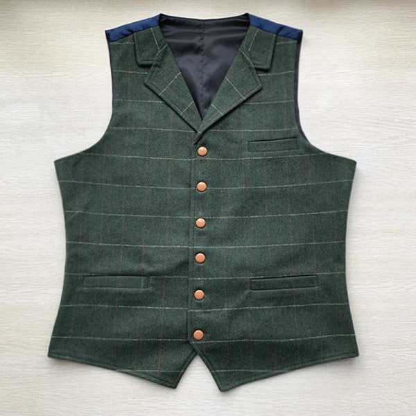 Green Plaid Men's Vest Groomsmen Waistcoat Tailored Collar 3 Pockets 6 Buttons
