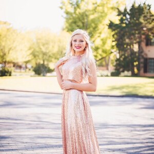 Two Piece Rose Gold Sequin Long Prom Dress image 5