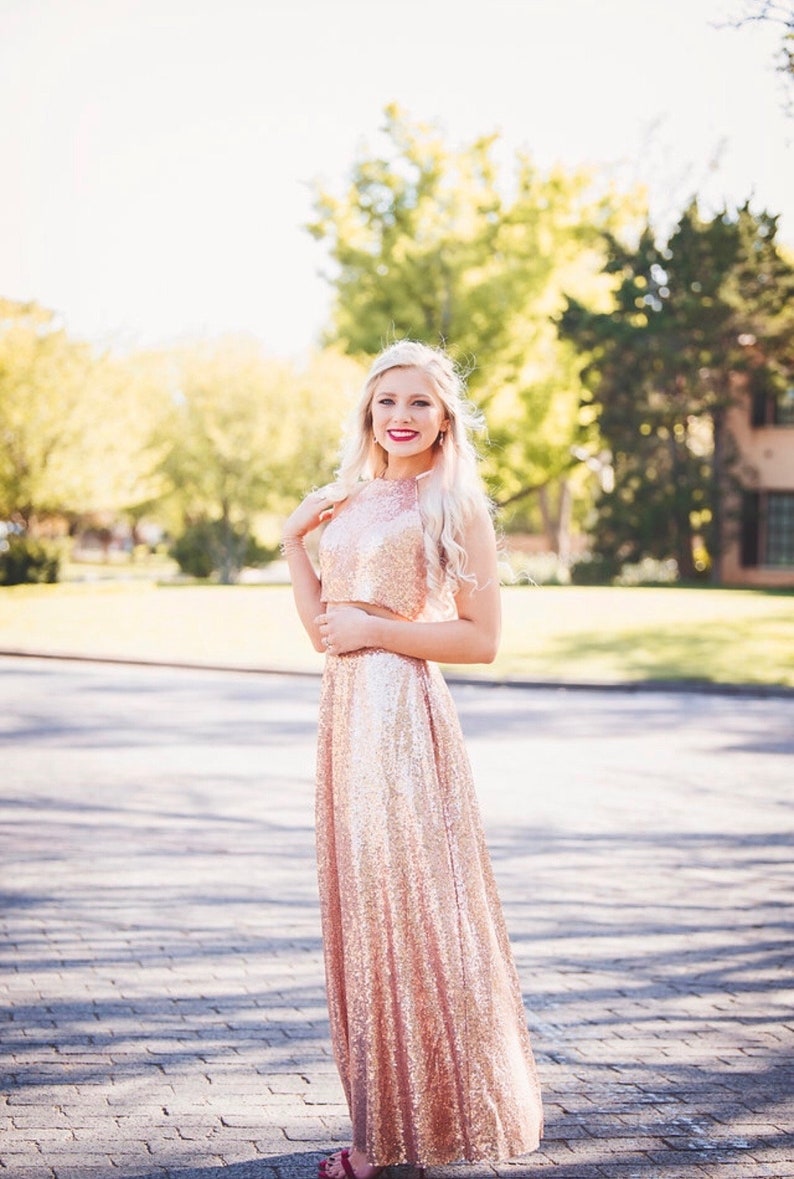 Two Piece Rose Gold Sequin Long Prom Dress image 5