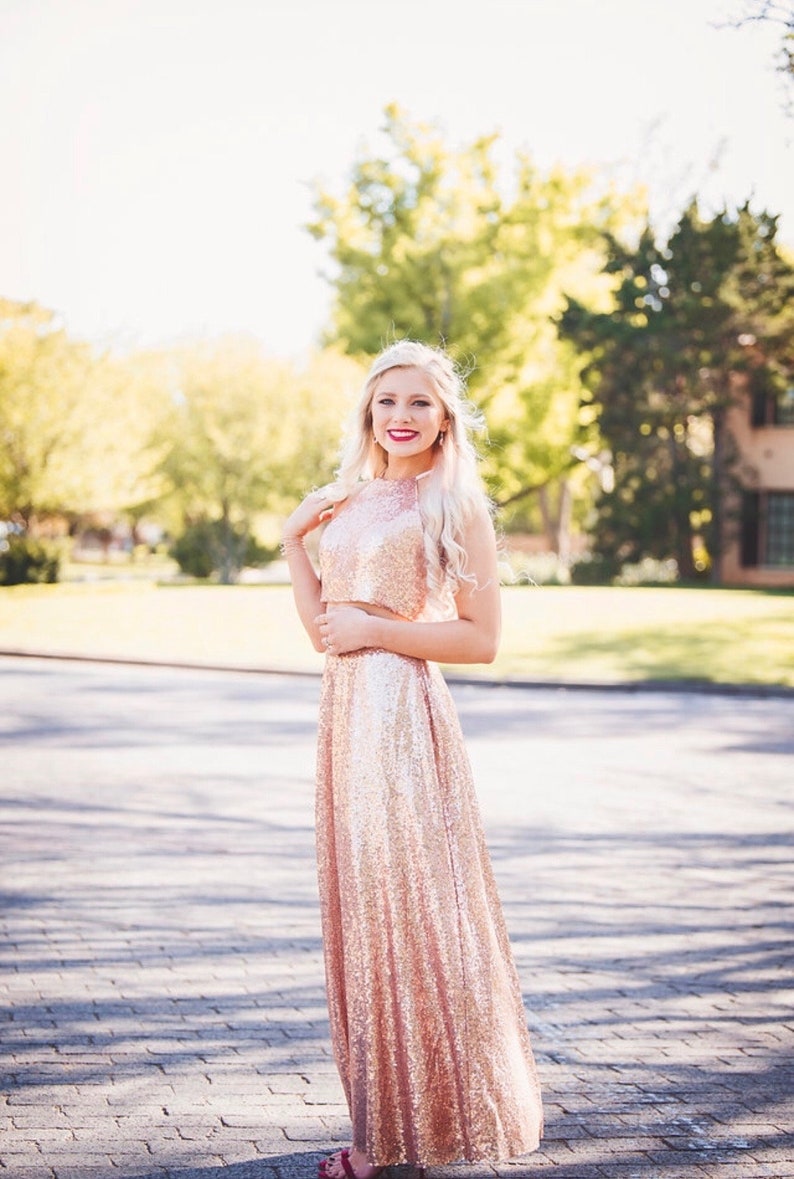 Two Piece Rose Gold Sequin Long Prom Dress | Etsy
