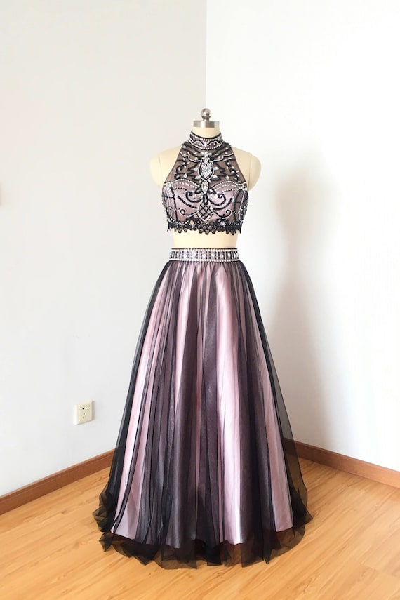 Dos piezas negro rosa forro largo vestido de fiesta sin - España