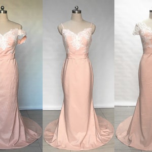 Custom Mermaid Ivory Lace Pearl Pink Satin Long Wedding Dress with Back Buttons image 1