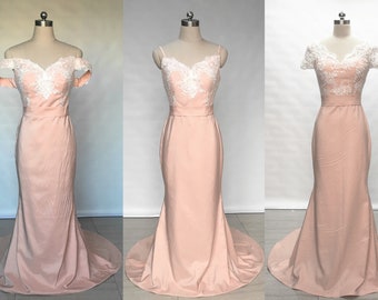 Custom Mermaid Ivory Lace Pearl Pink Satin Long Wedding Dress with Back Buttons