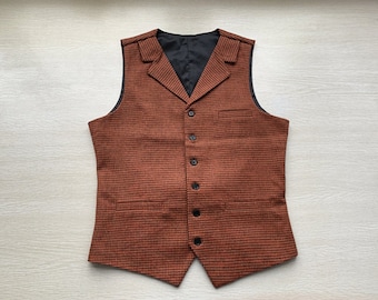 Orange Houndstooth Wool Blend Men's Vest Groomsmen Waistcoat Tailored Collar 3 Pockets 6 Buttons