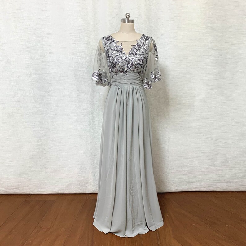 Light Grey Sequin Chiffon Mother of the Bride Dress with Sleeves image 1