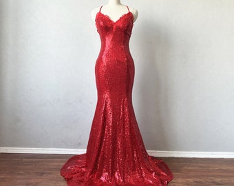 Mermaid Prom Dress Corset Red Sequin Evening Dress