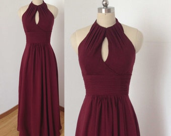 Tied Halter Burgundy Chiffon Long Bridesmaid Dress