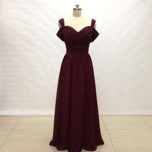 Wide Straps Burgundy Chiffon Long Bridesmaid Dress image 1