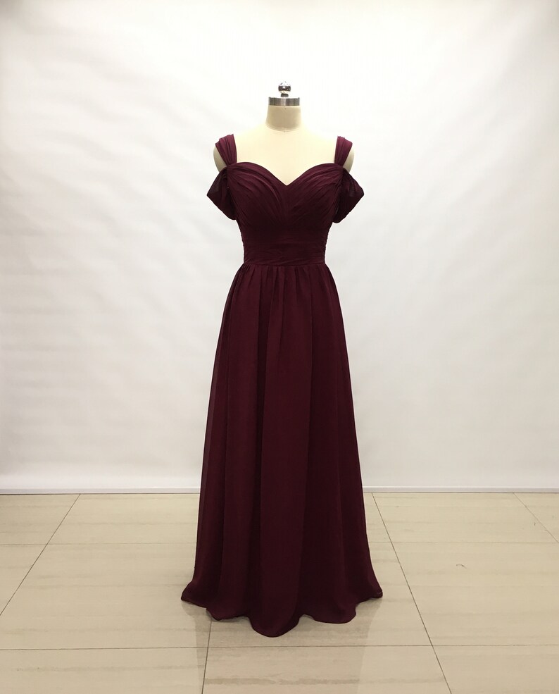 Wide Straps Burgundy Chiffon Long Bridesmaid Dress image 1