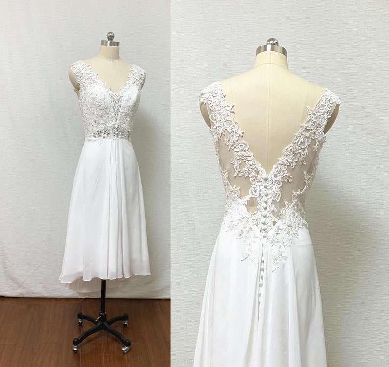 V-Neck Ivory Lace Chiffon High Low Wedding Reception Dress image 1