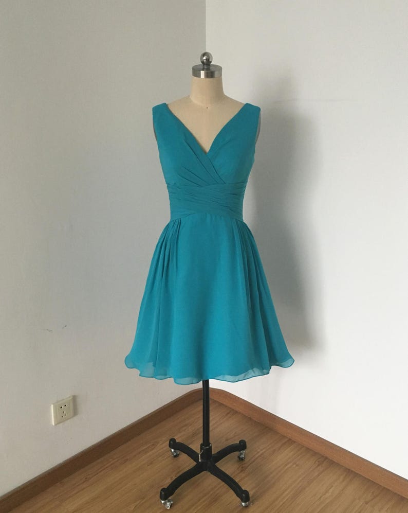 V-Neck Teal Chiffon Short Bridesmaid Dress image 1