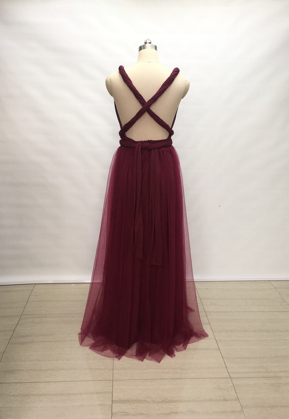 Custom Burgundy Tulle Overlay Spandex Long Convertible Bridesmaid
