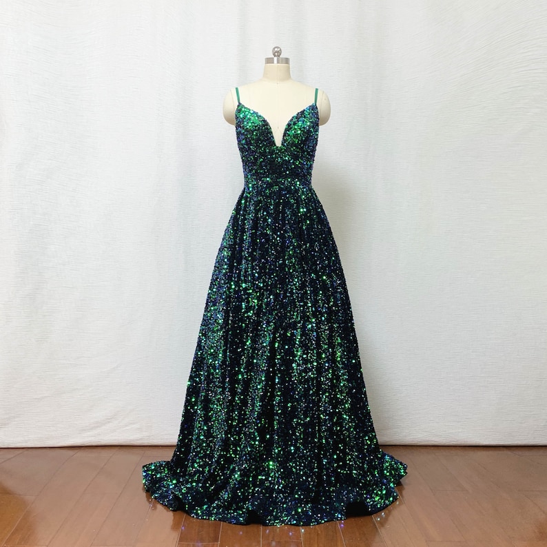 Sequin Prom Dress Ball Gown Forest Green Long Evening Dress image 1