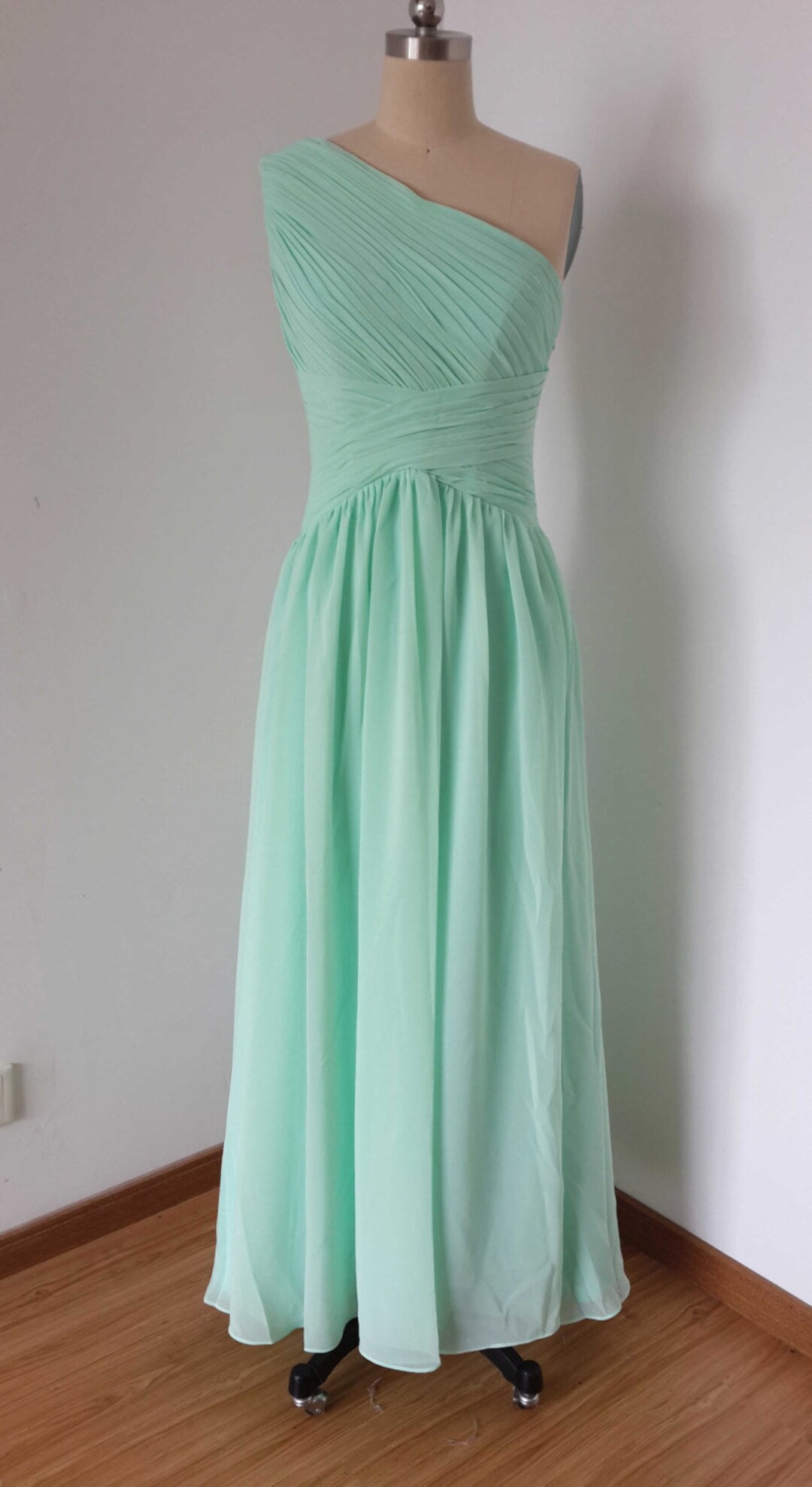 2015 One-shoulder Mint Chiffon Long Bridesmaid Dress - Etsy