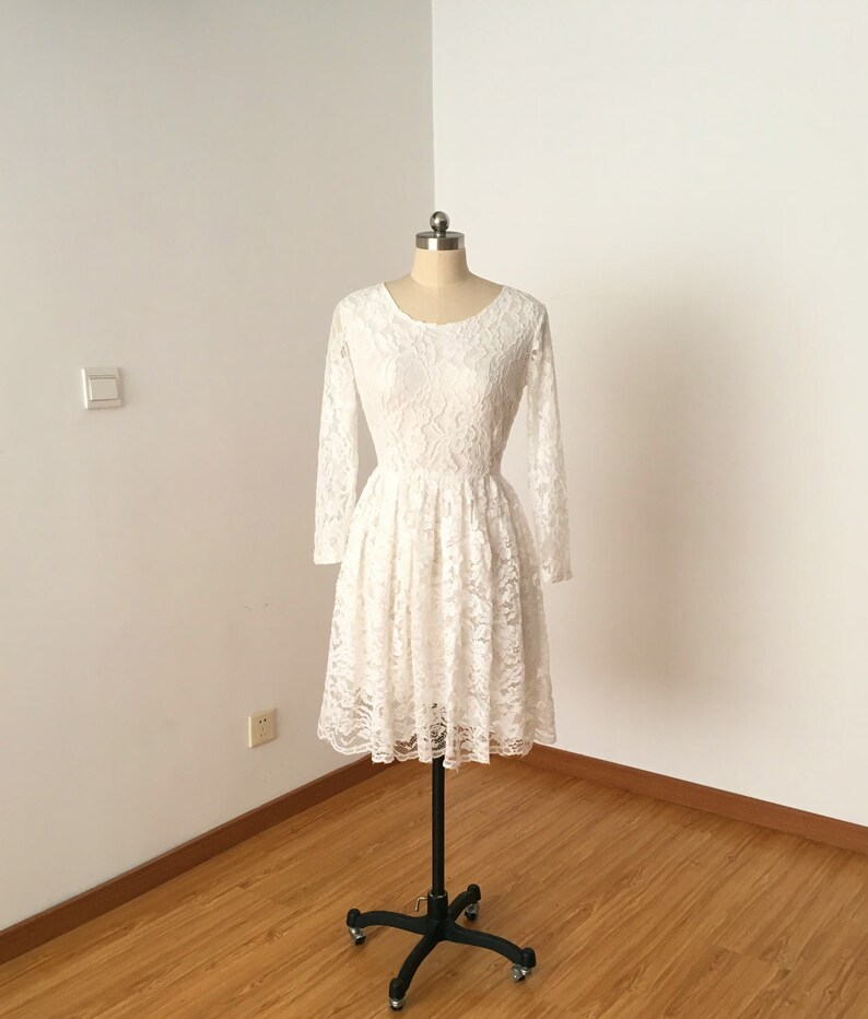 Scoop Ivory Lace Short Wedding Reception Dress with Long Sleeves image 1