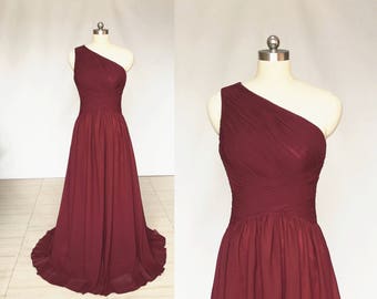 A-line One-Shoulder Burgundy Chiffon Long Bridesmaid Dress