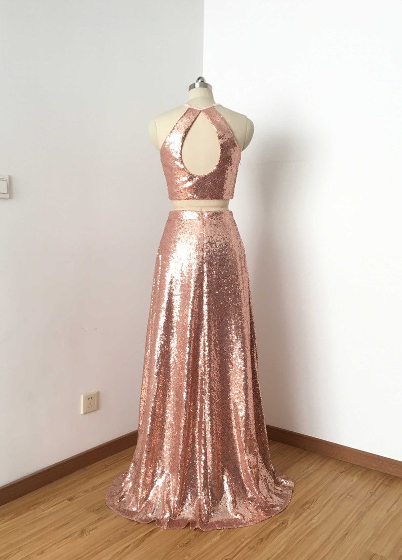 Two Piece Rose Gold Sequin Long Prom Dress image 2