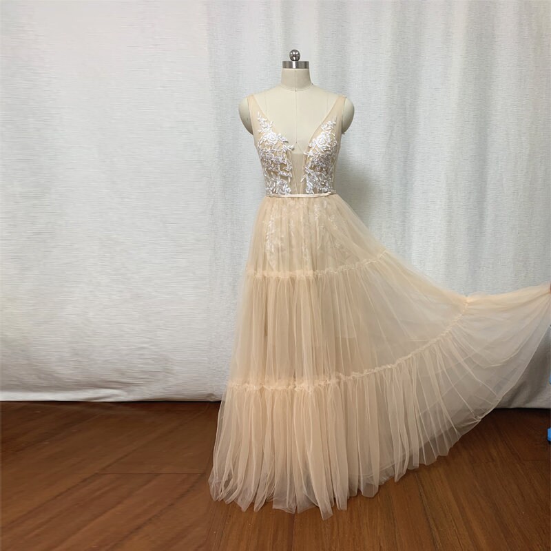 Boho Prom Dress 2021 Champagne Tulle Lace Wedding Dress | Etsy